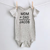 Mom + Dad = Baby Name personalized baby bodysuit - gray short sleeve
