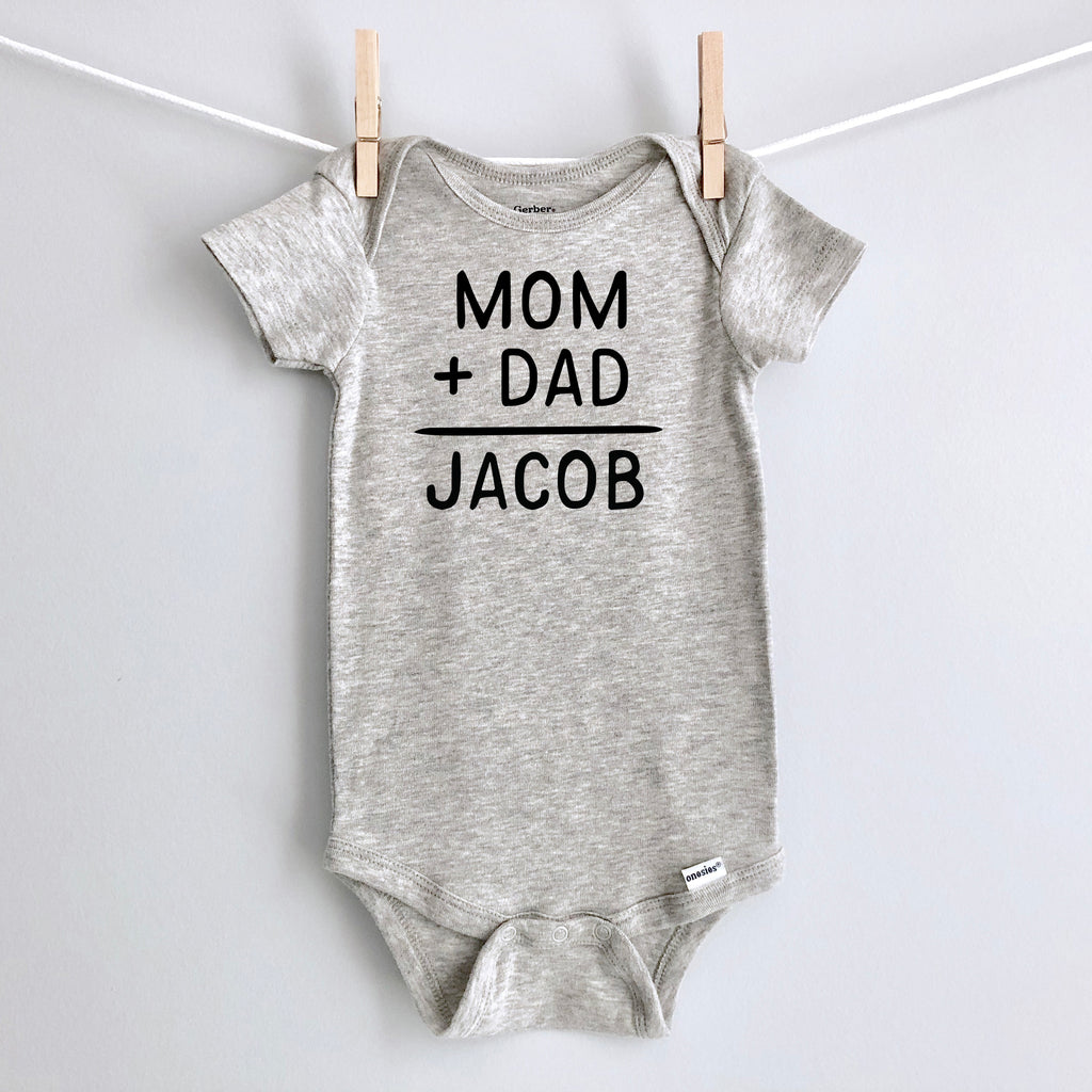 Mom + Dad = Baby Name personalized baby bodysuit - gray short sleeve