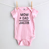 Mom + Dad = Baby Name personalized baby bodysuit - pink short sleeve
