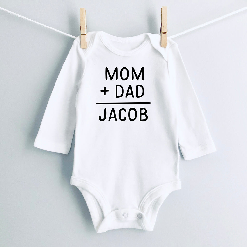 Mom + Dad = Baby Name personalized baby bodysuit - white long sleeve