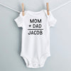 Mom + Dad = Baby Name personalized baby bodysuit - white short sleeve
