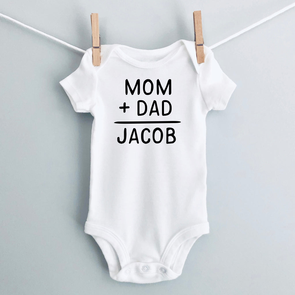 Mom + Dad = Baby Name personalized baby bodysuit - white short sleeve