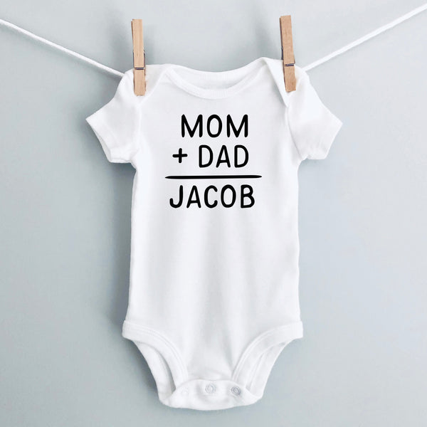 Mom + Dad = Baby Name personalized baby bodysuit - white short sleeve