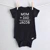 Mom + Dad = Baby Name personalized baby bodysuit - black short sleeve