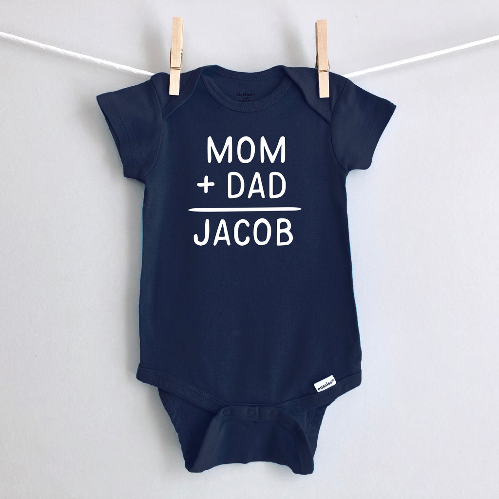 Mom + Dad = Baby Name personalized baby bodysuit - navy short sleeve