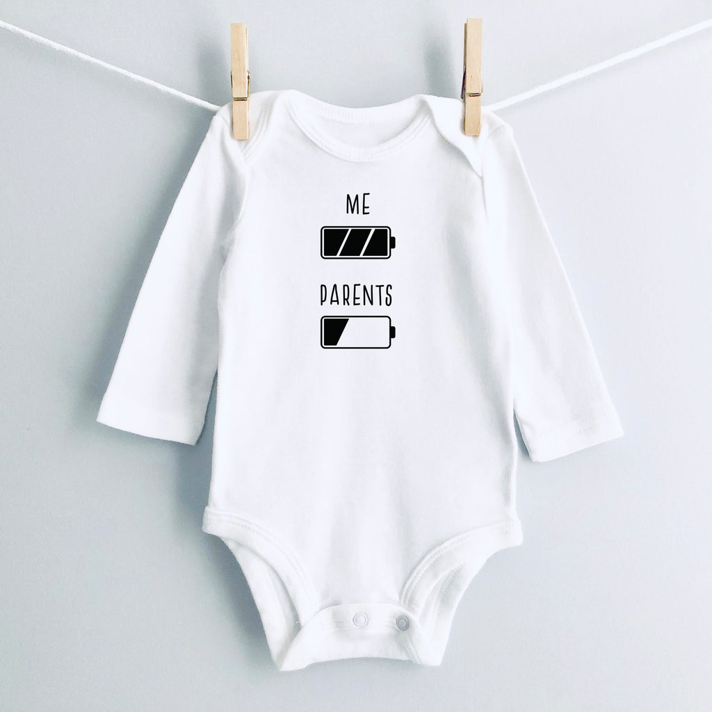 Battery: Me and Parents baby bodysuit - white long sleeve