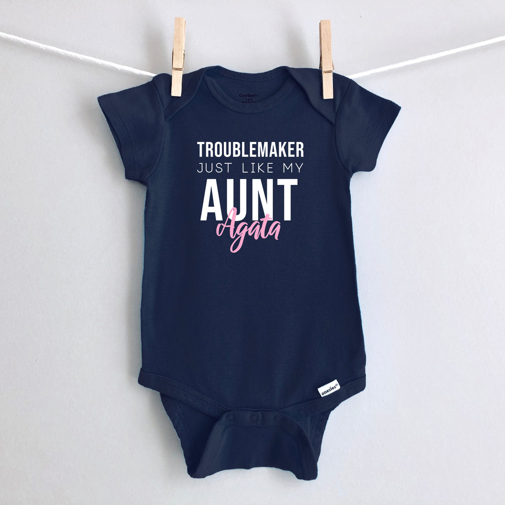 Troublemaker, Just Like My Aunt personalized baby bodysuit - navy short sleeve