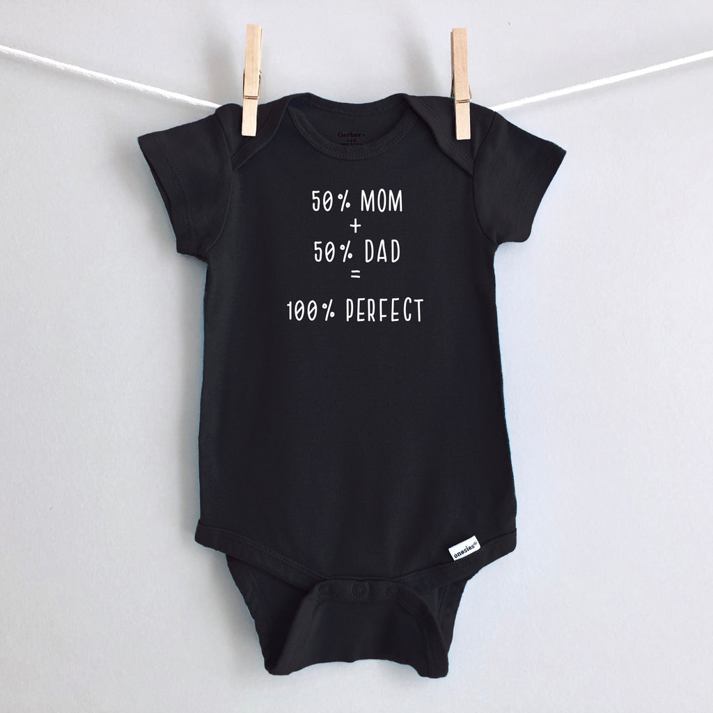 50% Mom, 50% Dad = 100% Perfect baby bodysuit - black short sleeve