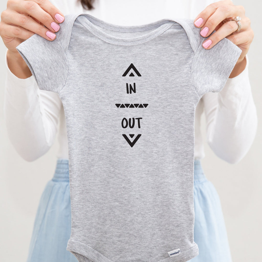 In and Out baby bodysuit lifestyle photo - gray bodysuit being held by an adult