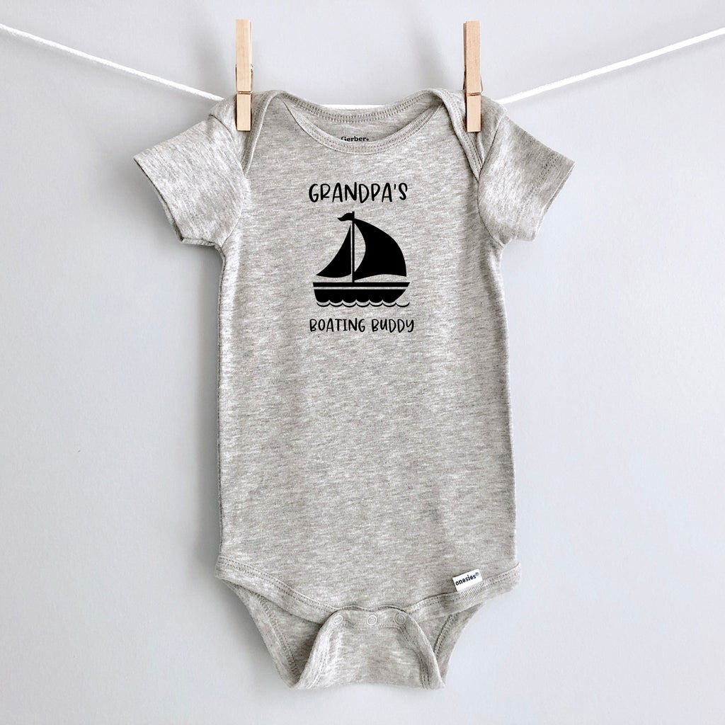 Grandpa's Boating Buddy Personalized Baby Bodysuit - Gray Short Sleeve