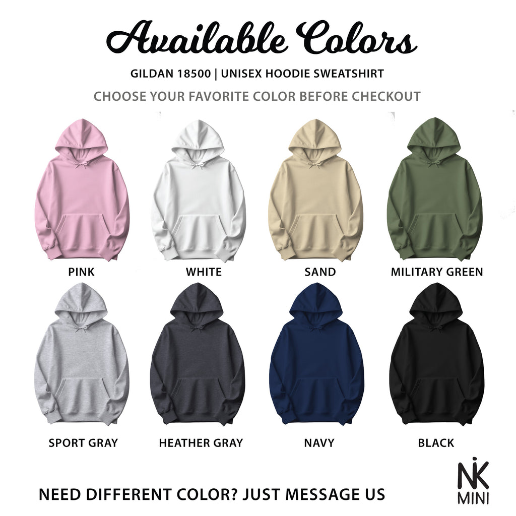 Hoodie Color Chart - Pink, White, Sand, Military Green, Athletic Heather, Dark Heather Gray, Navy, Black