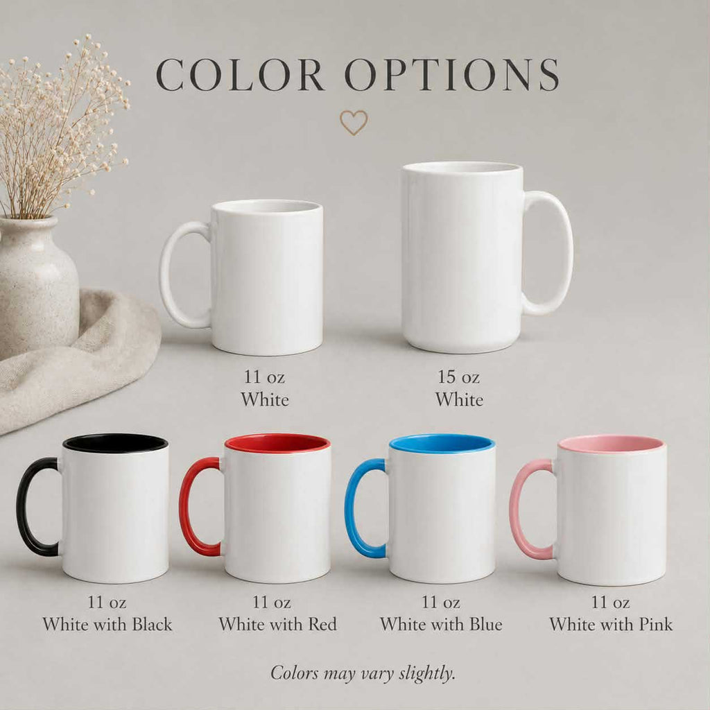 Color options chart for personalized mug: white, pink, red, blue, and black