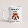 A white ceramic mug with a humorous Polish design featuring a cartoon grumpy bunny with orange-brown hair. The text reads 'Mi CHUJ jbany' above the illustration and 'ciśnienie podnióst' below.