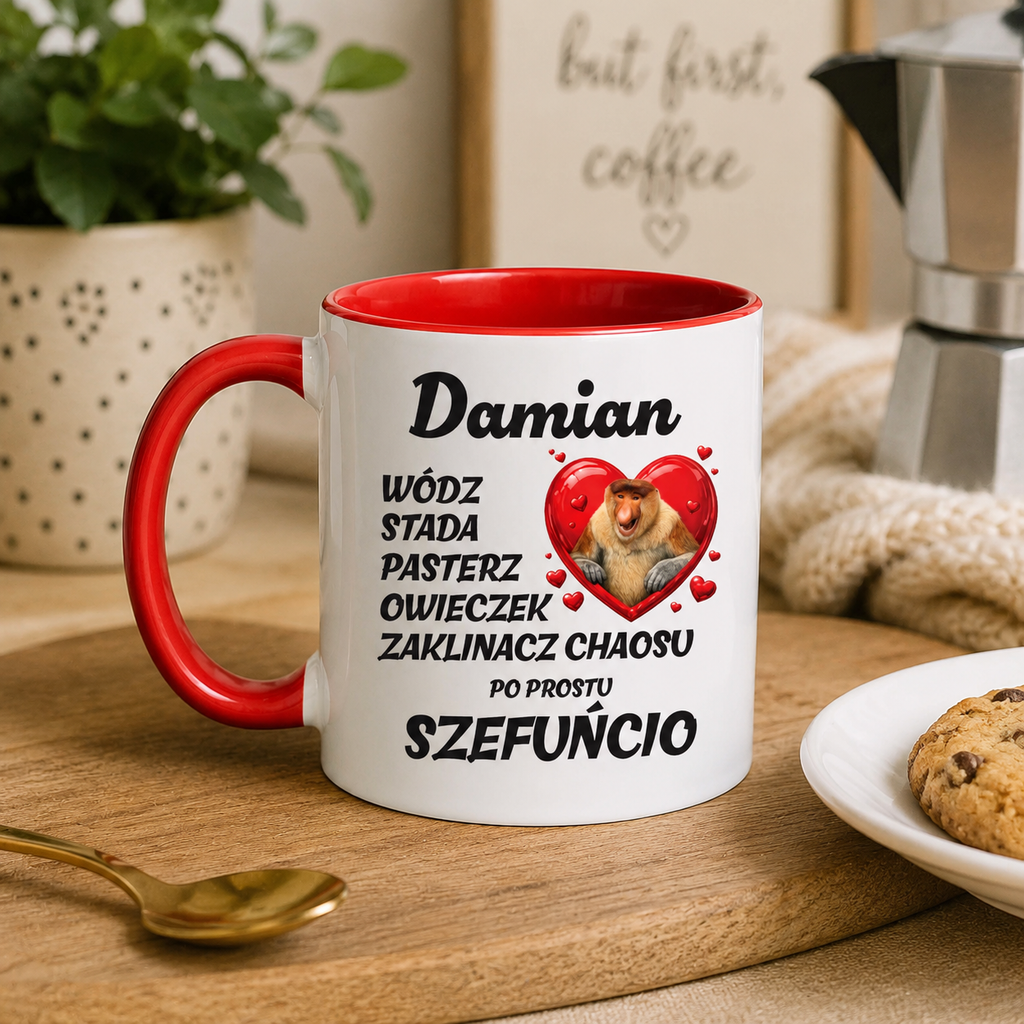 A white ceramic coffee mug with a red handle and red interior, printed with the Polish text 'Damian WÓdz Stada Pasterz Owieczek Zaklinacz Chaosu Po Prostu Szefuncio' and a heart graphic containing a cat photo. The mug sits on a wooden surface in a cozy kitchen setting with a plate of cookies, a spoon, a plant, and a moka pot in the background.