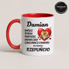 Close-up view of a Red 11oz ceramic Polish coffee mug featuring a custom name and the playful 'Szefuńcio' design
