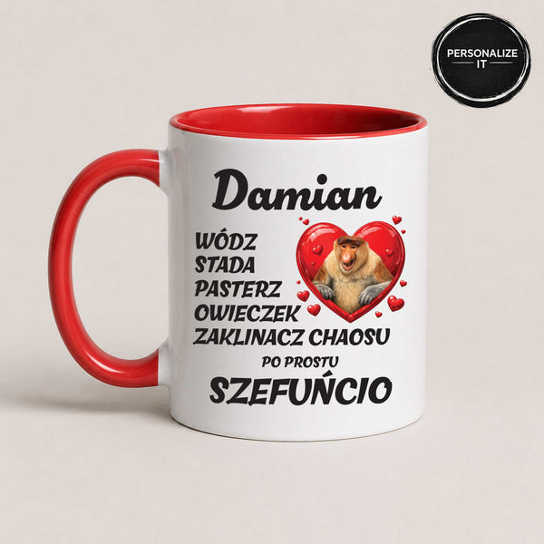 Close-up view of a Red 11oz ceramic Polish coffee mug featuring a custom name and the playful 'Szefuńcio' design
