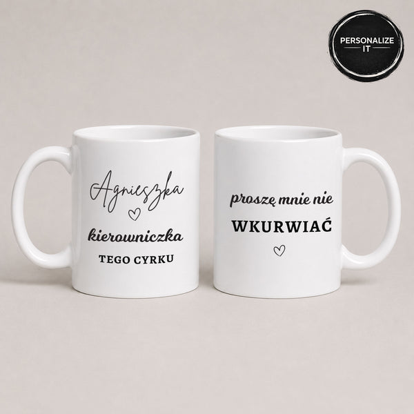 Close-up view of a White 11oz ceramic Polish coffee mug featuring a custom name and the 'Kierowniczka Tego Cyrku' design on the back