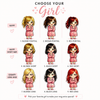 A cartoon-style selection chart titled 'CHOOSE YOUR Girl' showing nine chibi girl illustrations with different hair colors and expressions, each wearing a pink robe and labeled with blonde, brown, black, or red hair and short, medium, or long lengths.