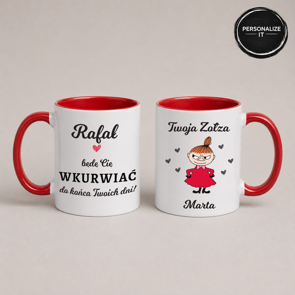 Close-up view of a Red 11oz ceramic Polish coffee mug featuring custom names on both sides and the 'Będę Cię Wku*wiać do Końca Moich Dni' quote
