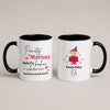 Two white ceramic mugs with black interiors and handles, shown side by side on a light beige background. The left mug has Polish text reading 'Pamiętaj Mariusz' with red and black lettering and small pink hearts.