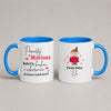 Two white ceramic mugs with blue interiors and handles, shown side by side on a light gray background. The left mug has Polish text reading 'Pamiętaj Mariusz' with red and black lettering and small pink hearts.