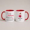 Two white ceramic mugs with red interiors and handles, shown side by side on a light beige background. The left mug has Polish text reading 'Pamiętaj Mariusz' with small red hearts, and the right mug shows a cartoon girl in a red dress with the text 'Twoja Złota Eho'.