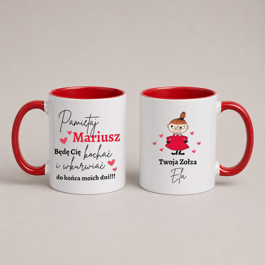 Two white ceramic mugs with red interiors and handles, shown side by side on a light beige background. The left mug has Polish text reading 'Pamiętaj Mariusz' with small red hearts, and the right mug shows a cartoon girl in a red dress with the text 'Twoja Złota Eho'.