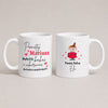 Two white ceramic mugs shown side by side on a light beige background, each printed with Polish text and a small cartoon girl illustration. The left mug has romantic text in black and red, and the right mug has text with a red dress cartoon character and small pink hearts.