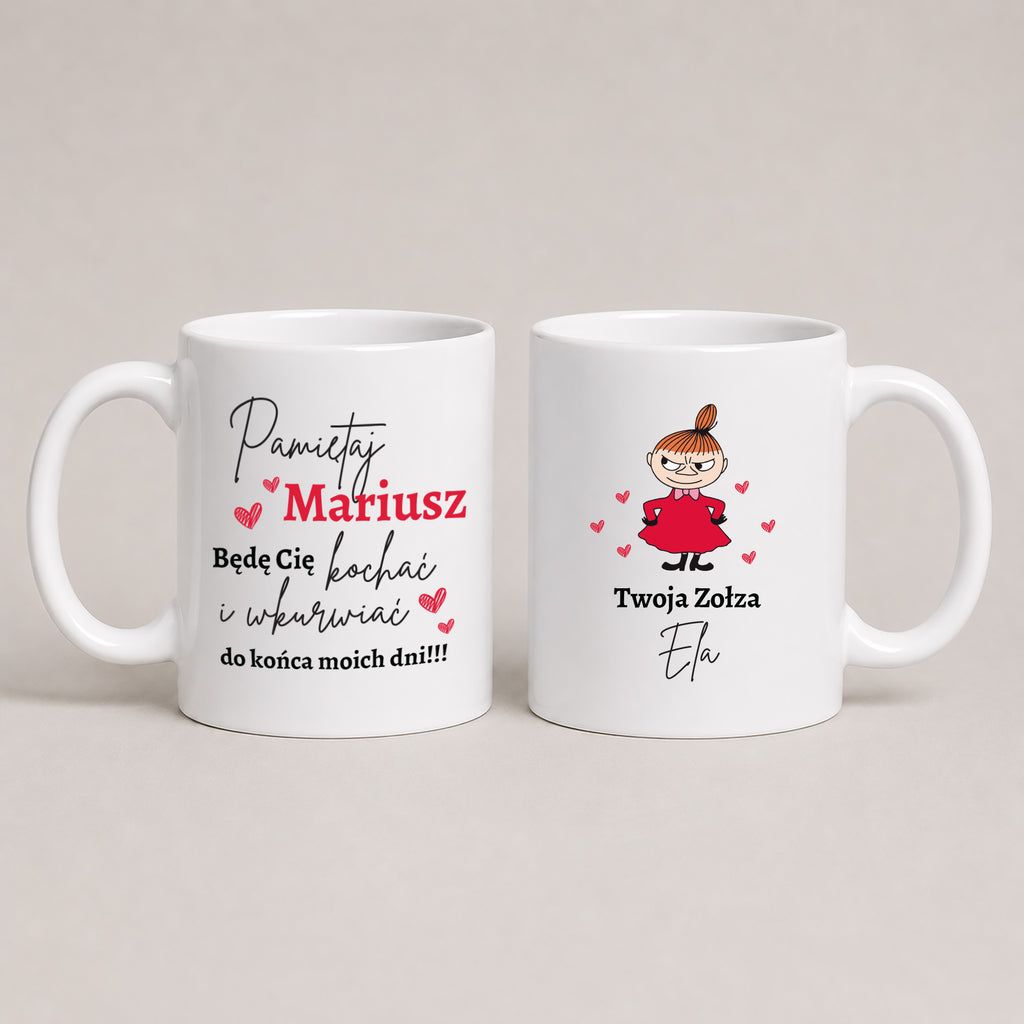 Two white ceramic mugs shown side by side on a light beige background, each printed with Polish text and a small cartoon girl illustration. The left mug has romantic text in black and red, and the right mug has text with a red dress cartoon character and small pink hearts.