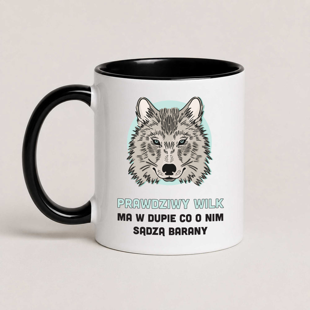 A Black 11oz ceramic Polish coffee mug featuring a detailed wolf illustration and a bold Polish quote (Prawdziwy Wilk / Prawdziwa Wilczyca)