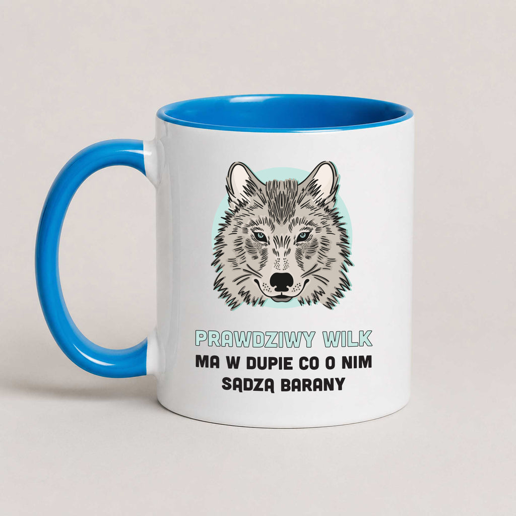 A Blue 11oz ceramic Polish coffee mug featuring a detailed wolf illustration and a bold Polish quote (Prawdziwy Wilk / Prawdziwa Wilczyca)