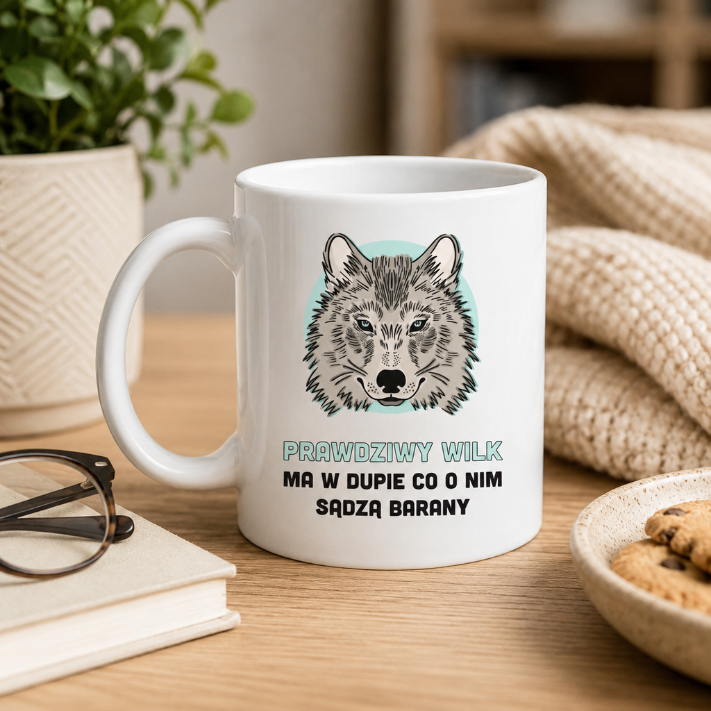 A white ceramic mug with a printed gray wolf illustration and Polish text, placed on a wooden table in a cozy indoor setting with books, glasses, cookies, and a knit blanket in the background.