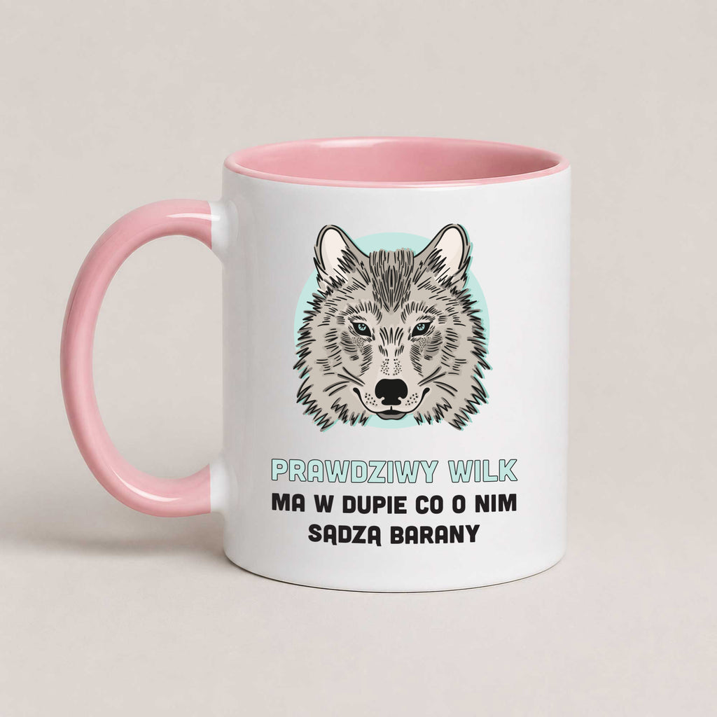A Pink 11oz ceramic Polish coffee mug featuring a detailed wolf illustration and a bold Polish quote (Prawdziwy Wilk / Prawdziwa Wilczyca)