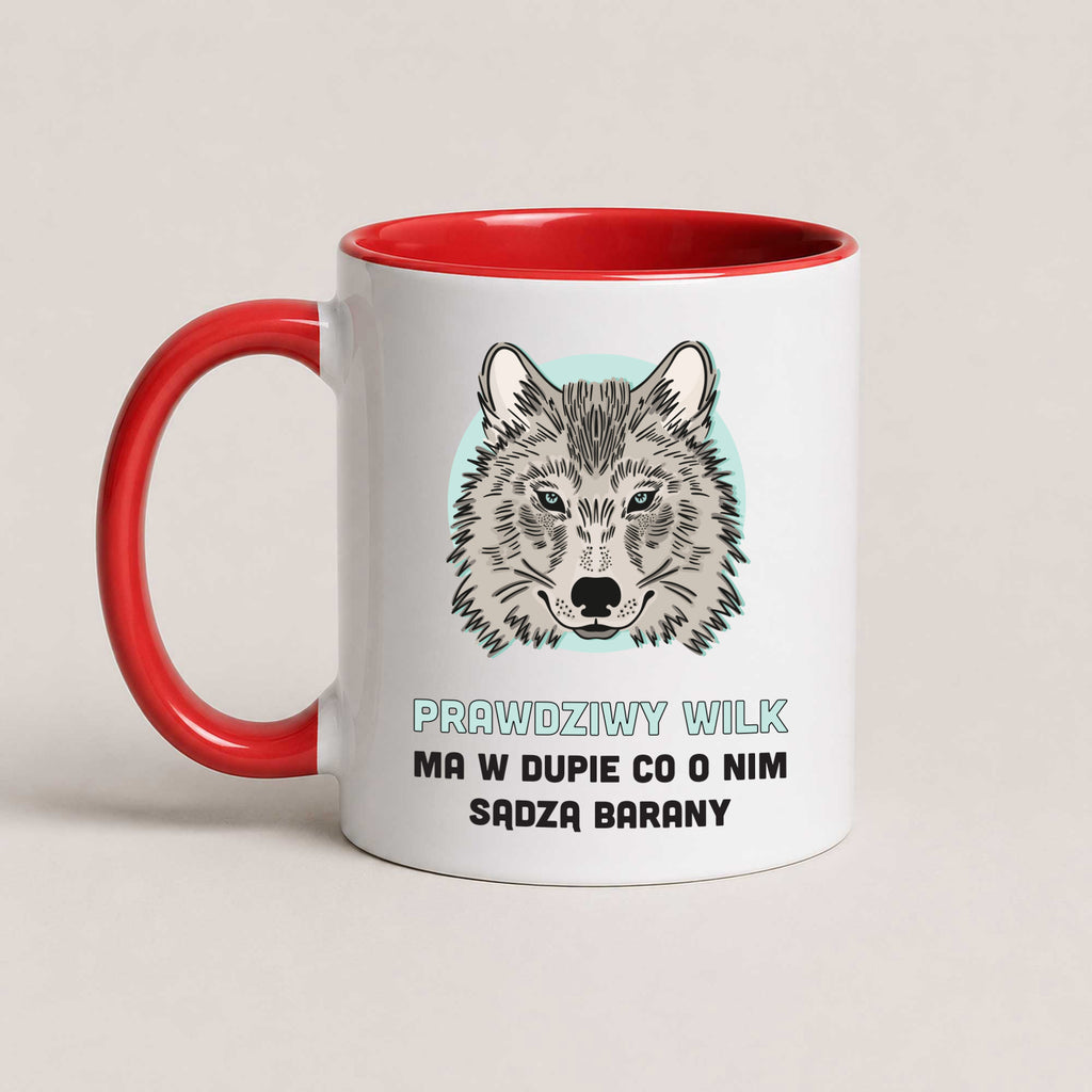 A Red 11oz ceramic Polish coffee mug featuring a detailed wolf illustration and a bold Polish quote (Prawdziwy Wilk / Prawdziwa Wilczyca)