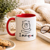 Lifestyle photo of a Red 11oz 'I Miś You' bear mug styled with cookies, a knit blanket, and glasses