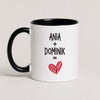 Personalized couple mug with custom names and heart design, black 11oz mug