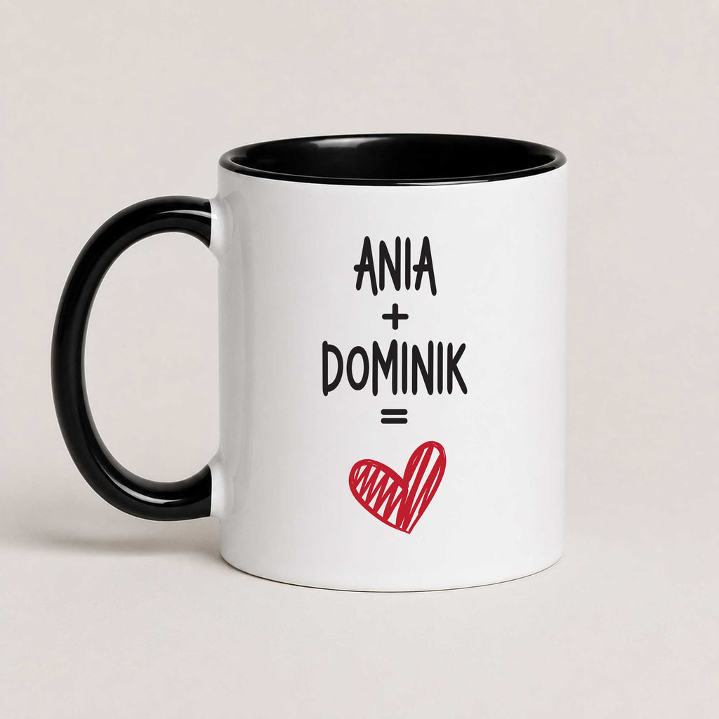 Personalized couple mug with custom names and heart design, black 11oz mug