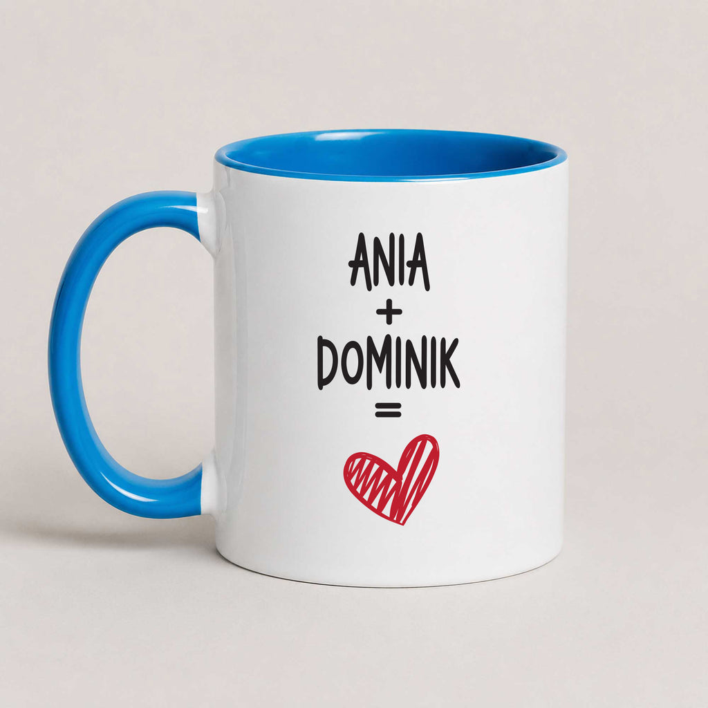 Personalized couple mug with custom names and heart design, blue 11oz mug