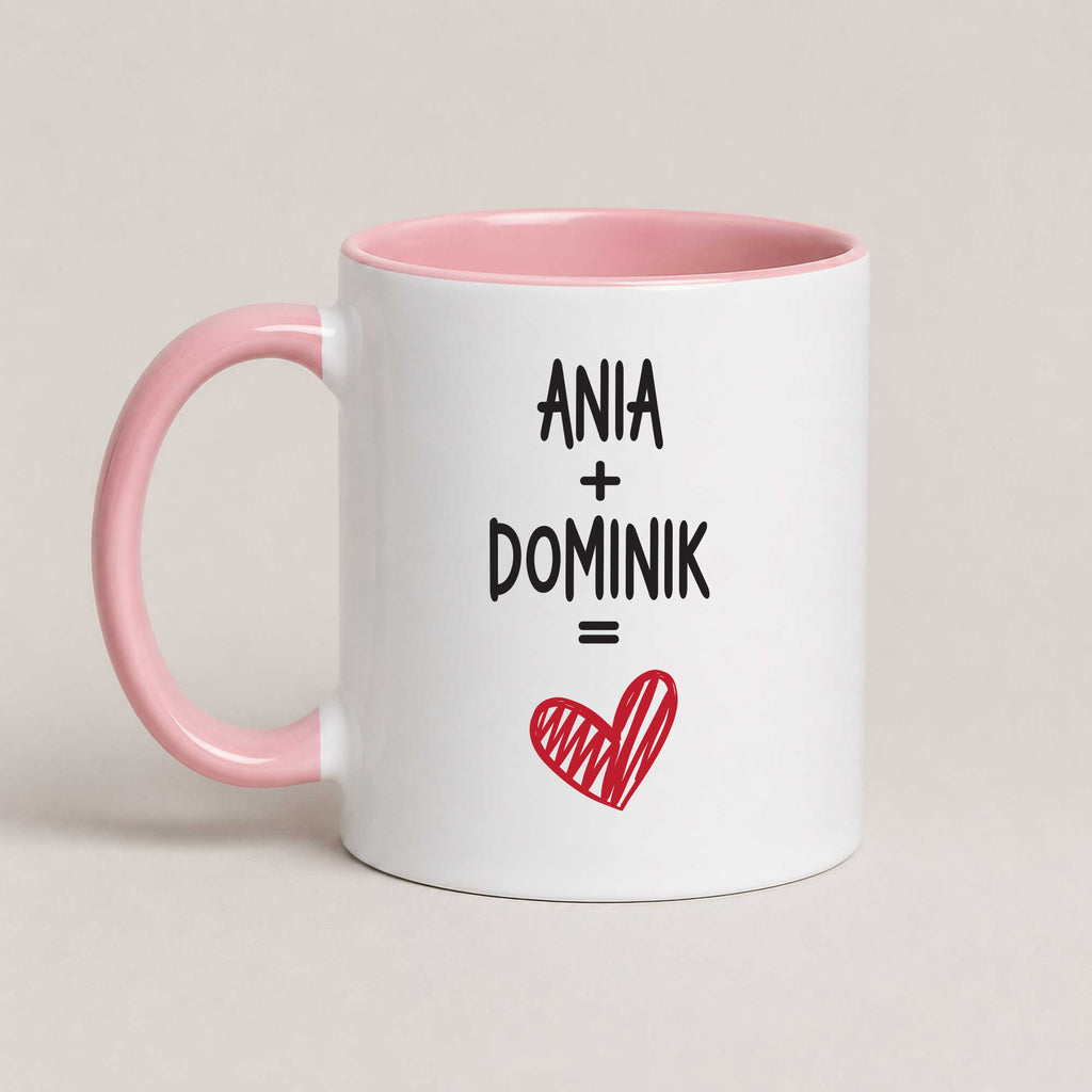 Personalized couple mug with custom names and heart design, pink 11oz mug