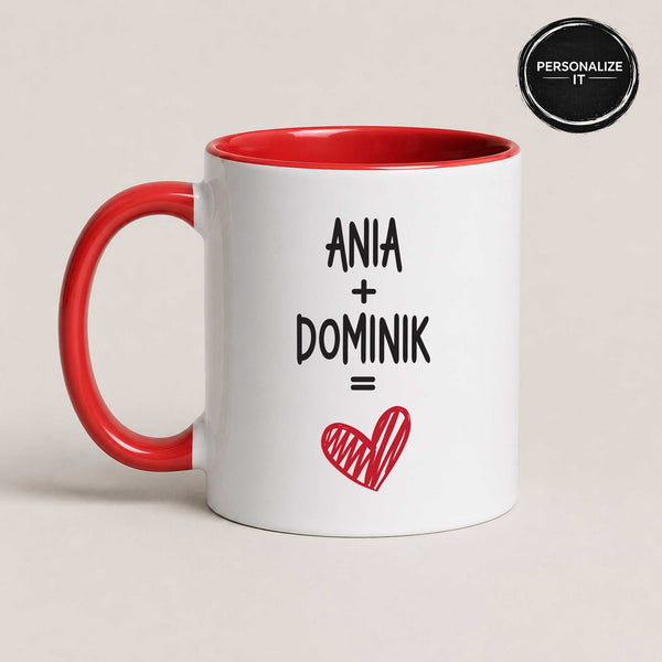Personalized couple mug preview showing where your two custom names and heart go, red 11oz mug