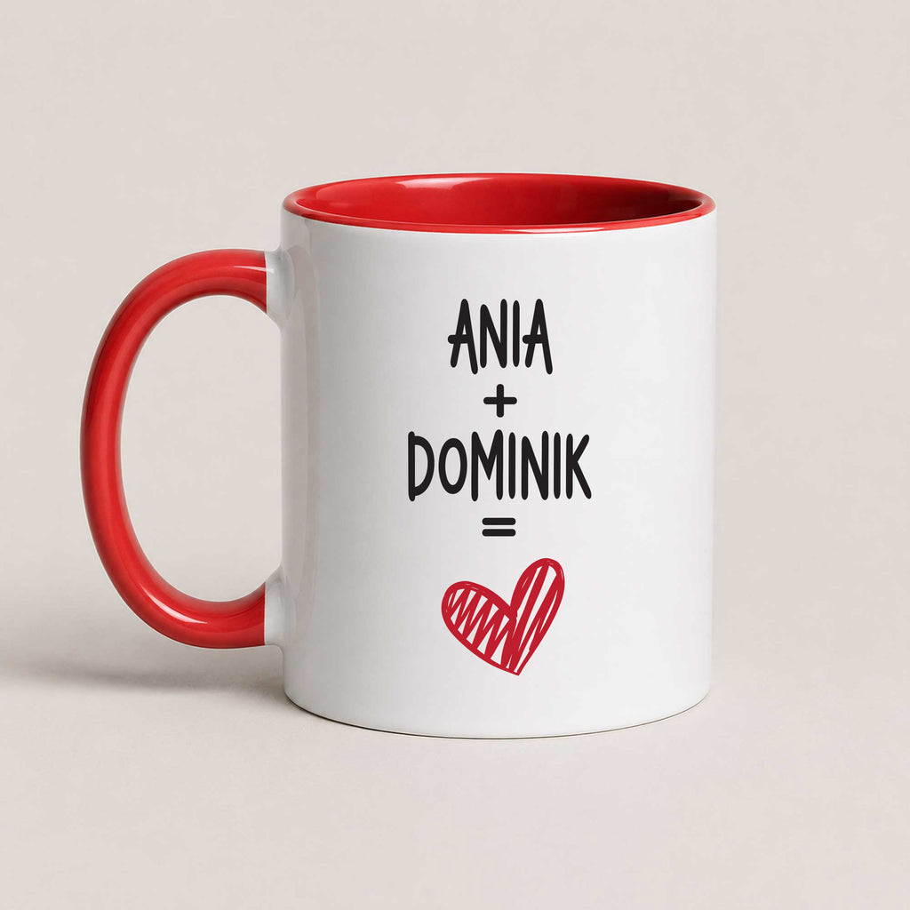 Personalized couple mug with custom names and heart design, red 11oz mug