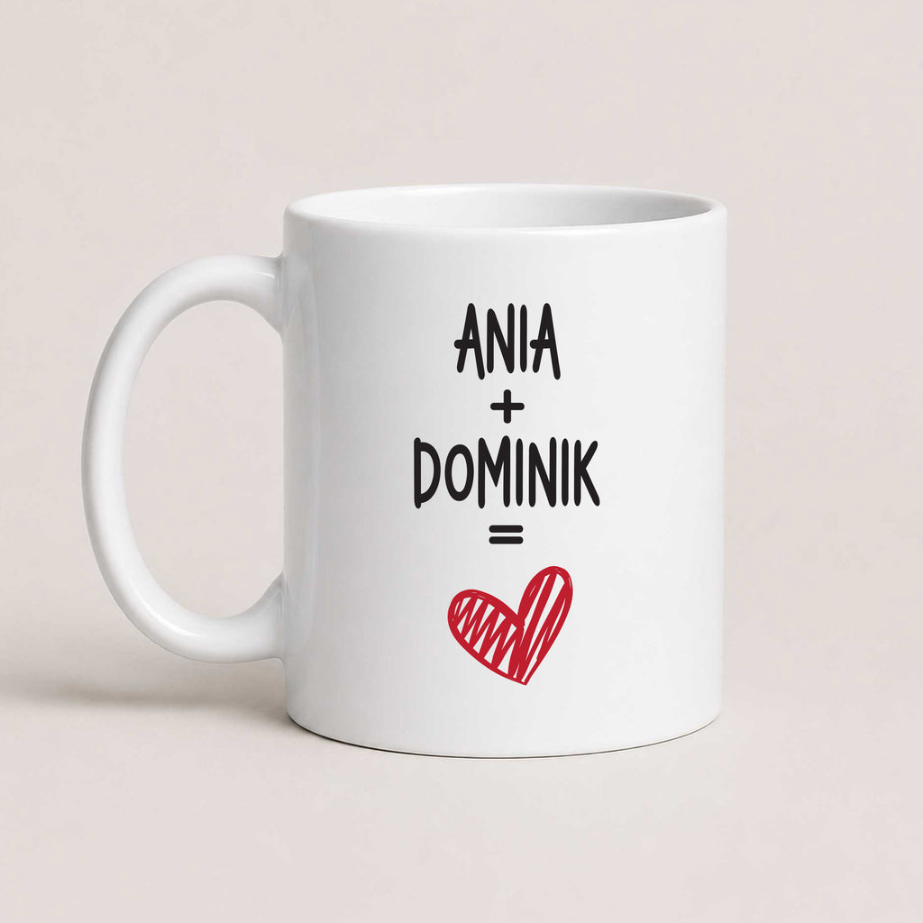 Personalized couple mug with custom names and heart design, white 11oz mug