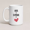 Personalized couple mug with custom names and heart design, white 15oz mug