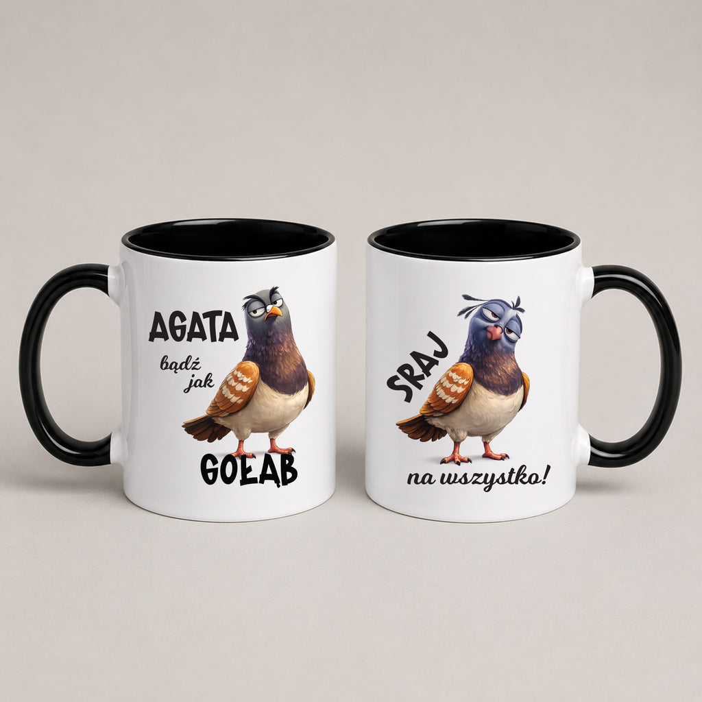 Personalized Polish pigeon mug with custom name, reading 'bądź jak gołąb, sraj na wszystko', black 11oz mug