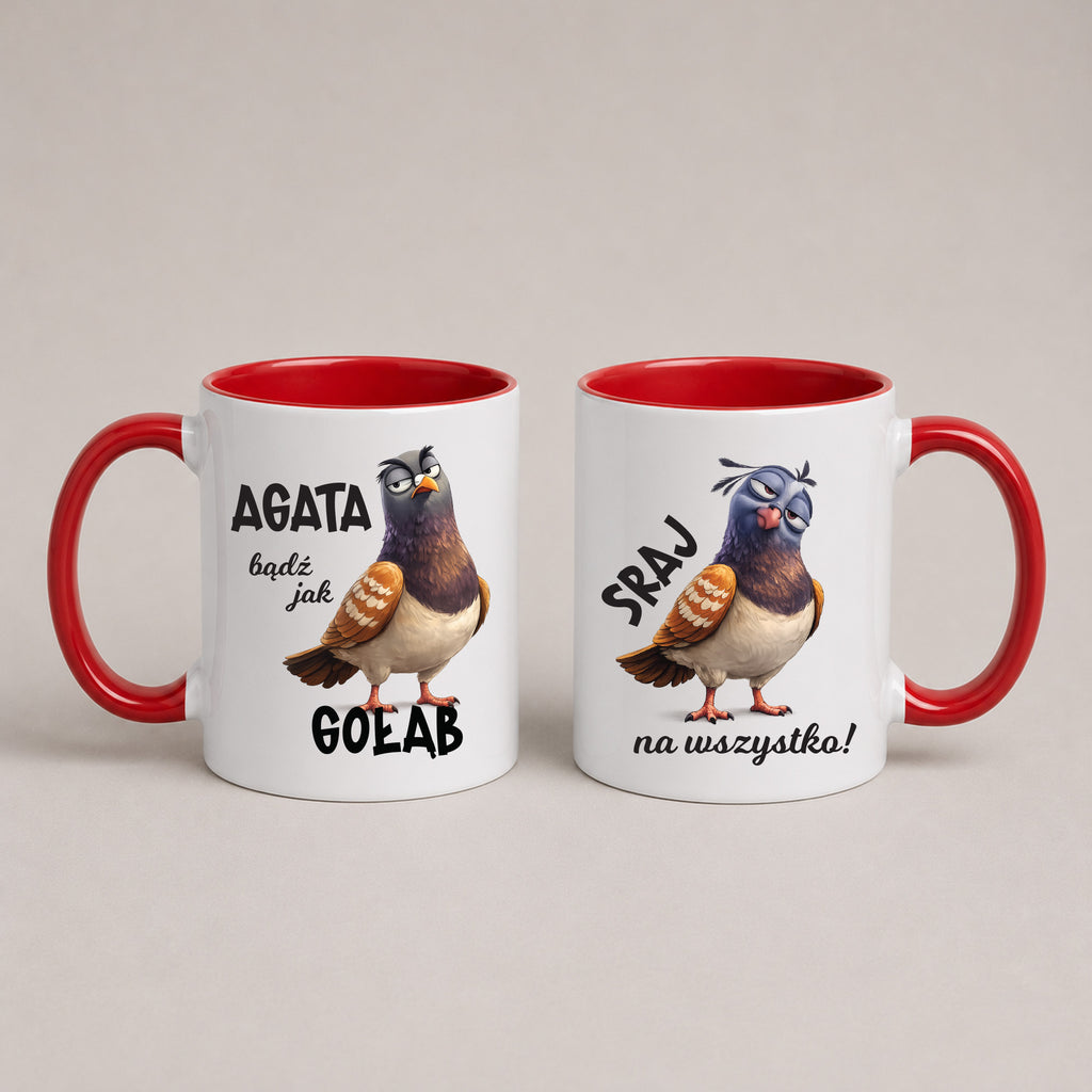 Personalized Polish pigeon mug with custom name, reading 'bądź jak gołąb, sraj na wszystko', red 11oz mug