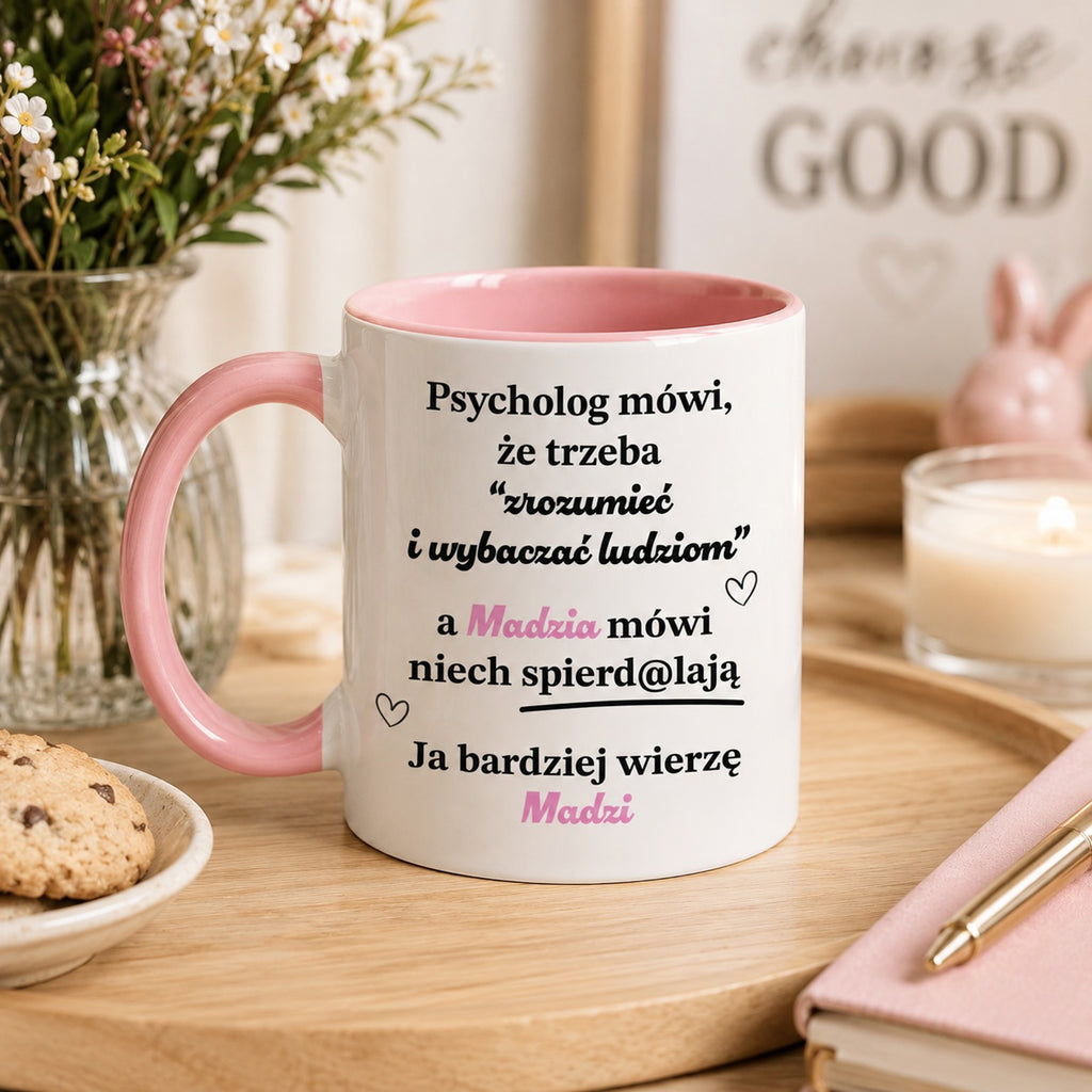 Personalized funny Polish quote mug with custom name, lifestyle photo