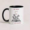 Polish book lover mug reading 'Nie mogę spać, bo czytam książki' with hand-drawn book and flowers illustration, black 11oz mug