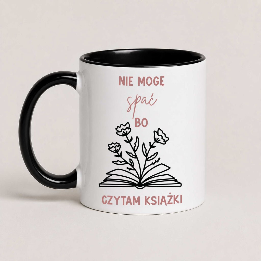 Polish book lover mug reading 'Nie mogę spać, bo czytam książki' with hand-drawn book and flowers illustration, black 11oz mug
