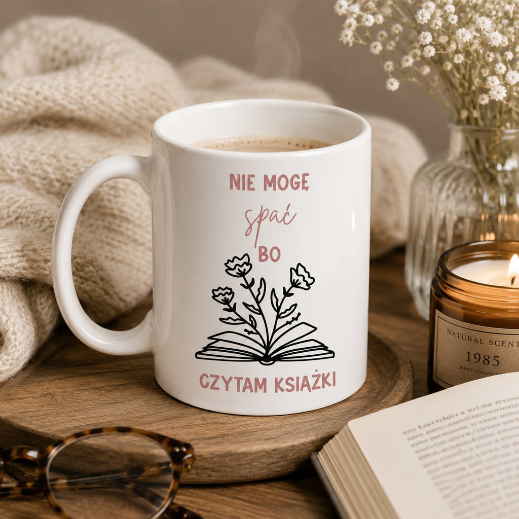 Polish book lover mug with book and flowers illustration, lifestyle photo