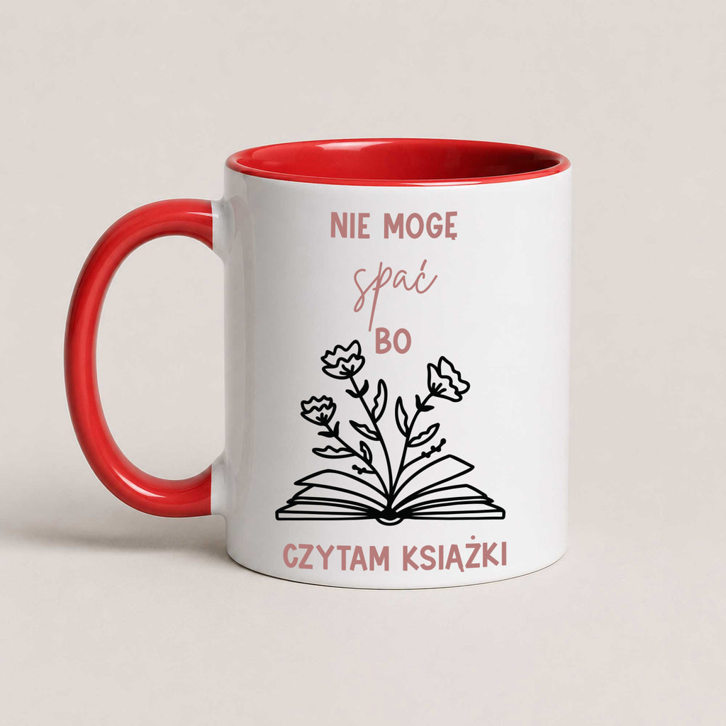 Polish book lover mug reading 'Nie mogę spać, bo czytam książki' with hand-drawn book and flowers illustration, red 11oz mug